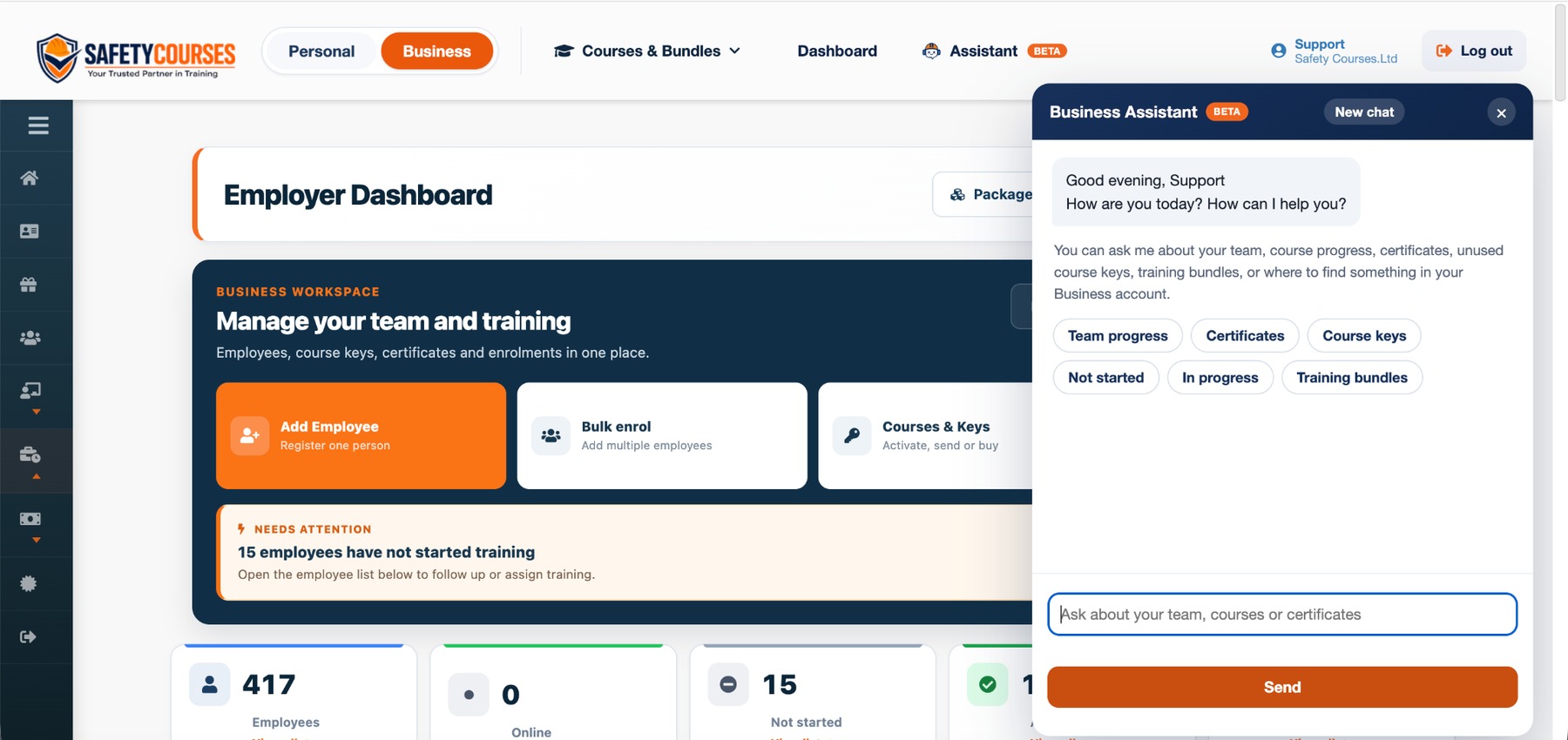 Real Safety Courses UK employer dashboard with Business Assistant open