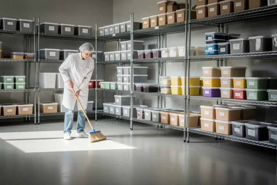 A worker sweeps the floor of a food storage room