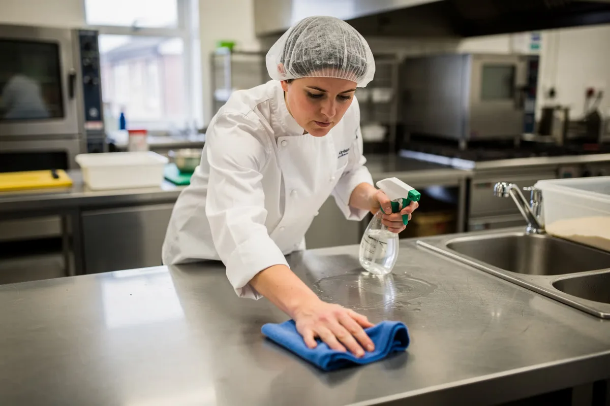 A kitchen worker wipes down a stainless steel surface with a cloth