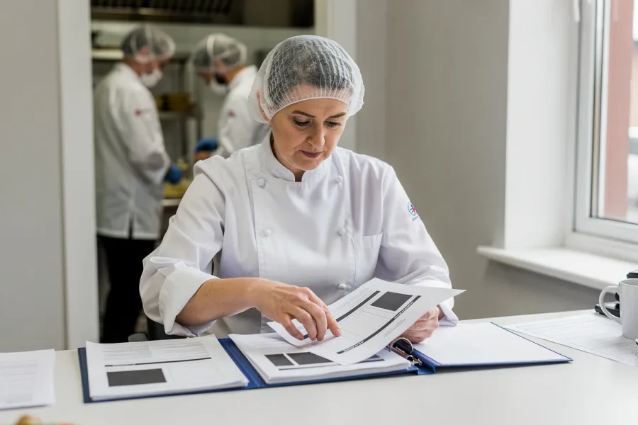 A chef reads a ring binder beside a window