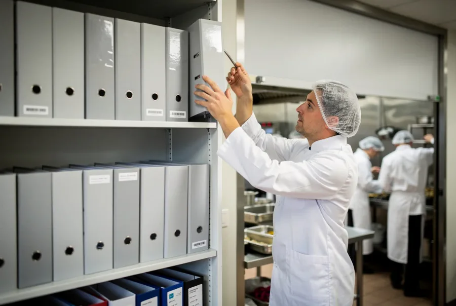 A chef files a folder on a shelf of box files