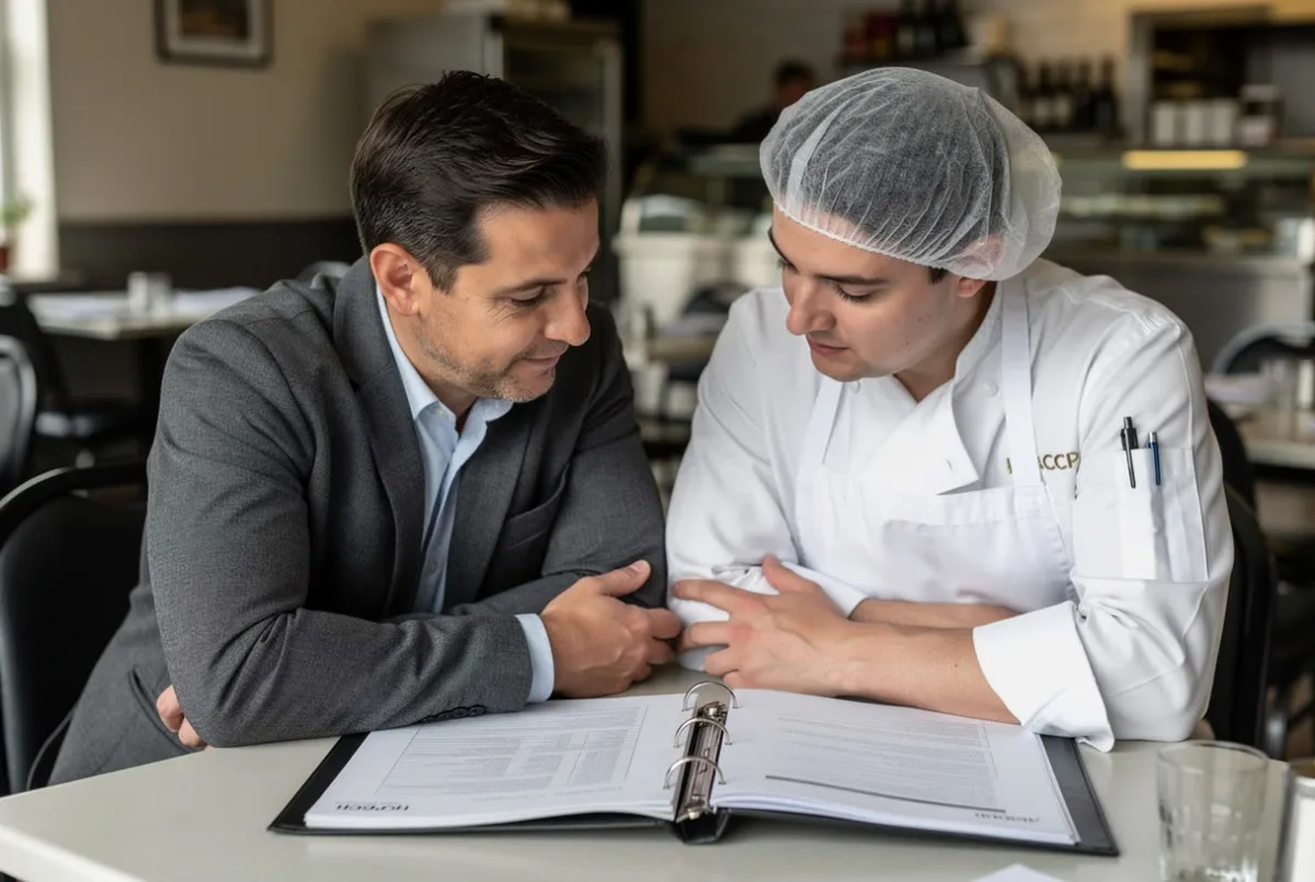 A manager and a chef go through a folder at a kitchen counter