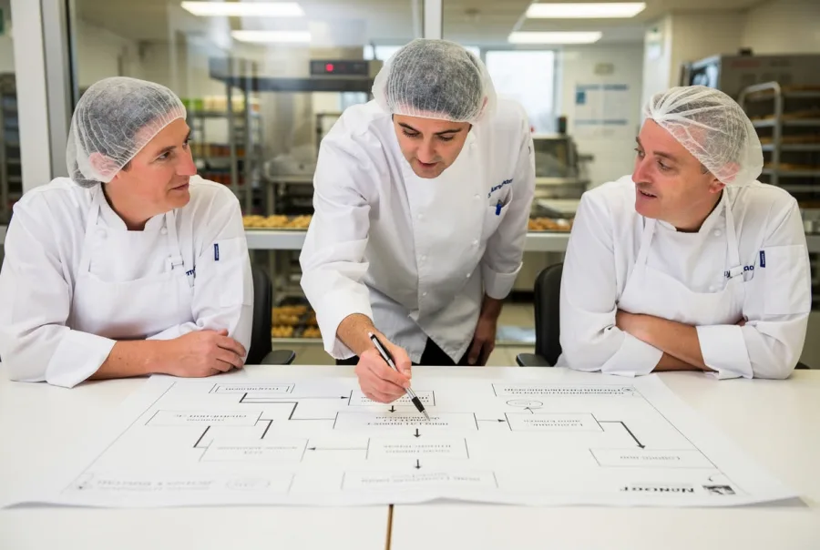 Three kitchen staff study a floor plan on a table