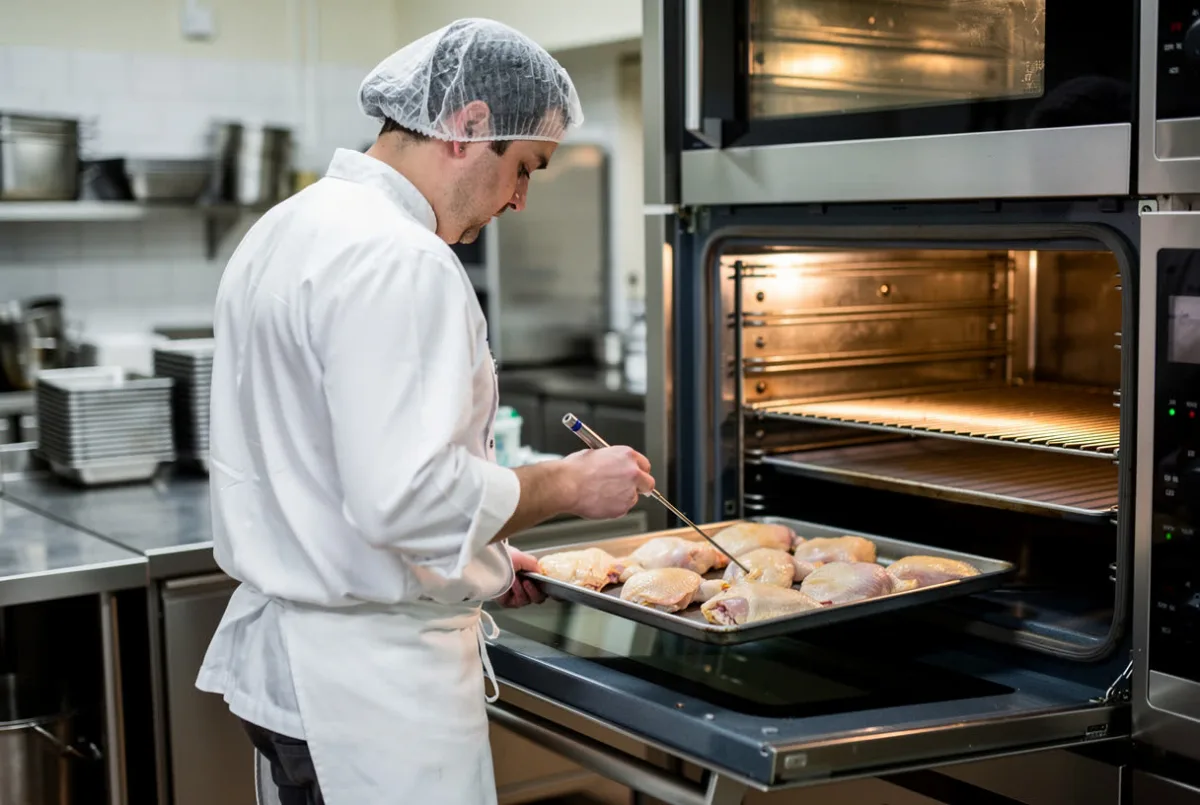 A chef places a tray of food into an oven