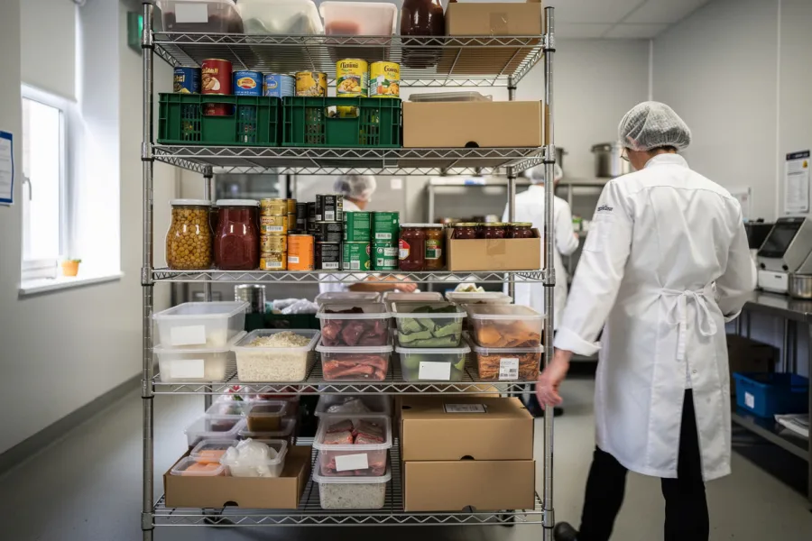 A worker walks past a storage rack stocked with food