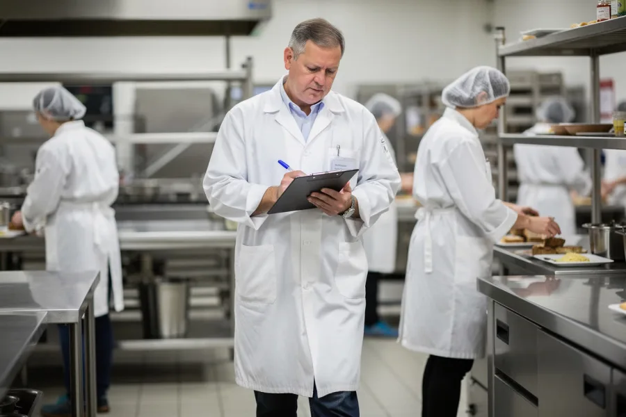 A manager with a clipboard checks work in a busy kitchen