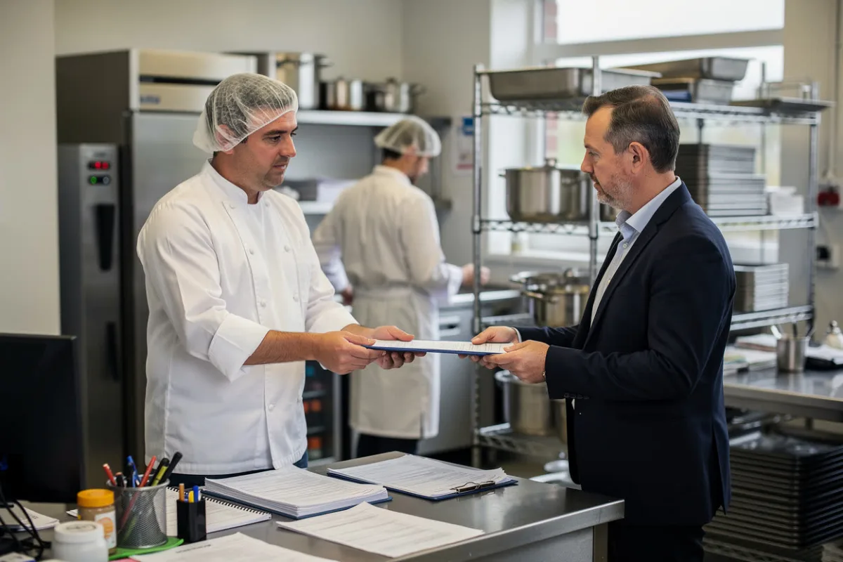A chef hands a document to a visitor in a suit