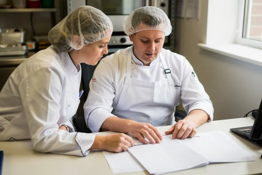 Two chefs fill in paperwork together at a table