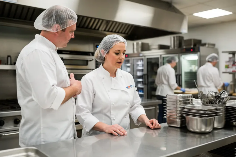 Two chefs talk at a counter in a commercial kitchen