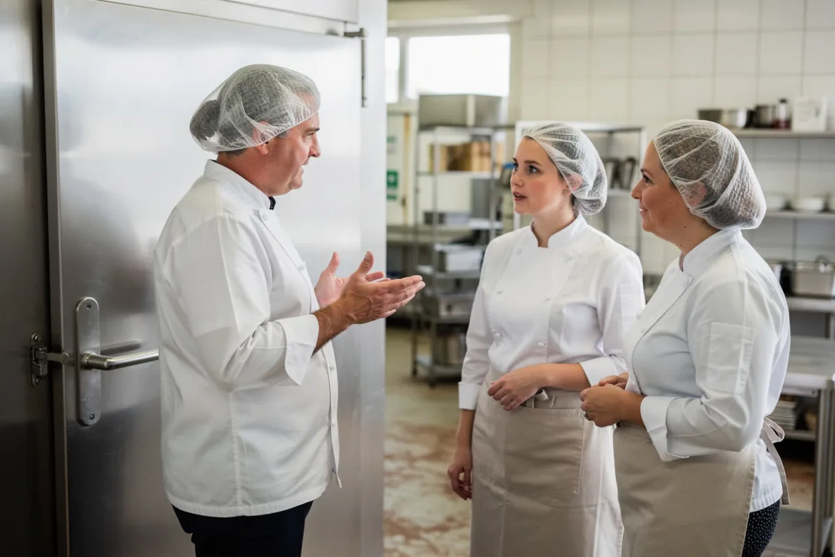 A manager talks with two chefs in a kitchen