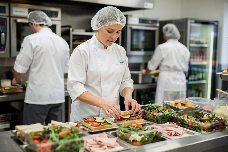 Kitchen staff assemble salads on a counter