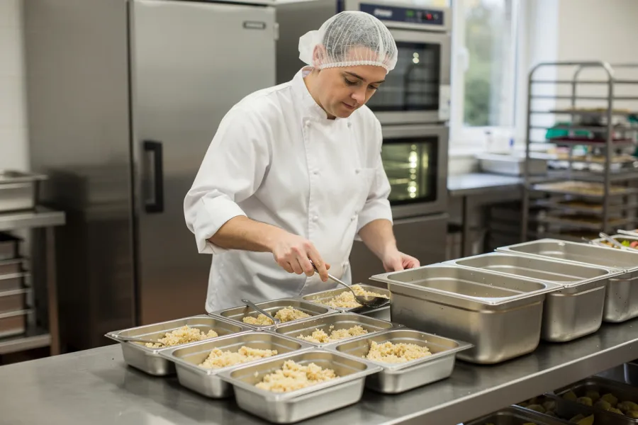 A chef arranges trays of prepared food
