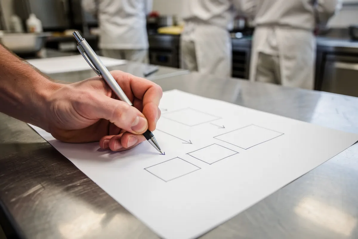A hand draws a process flow chart on paper