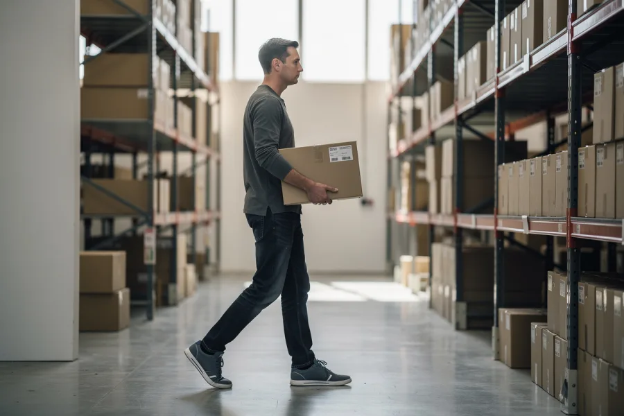 A worker carries a cardboard box along a racking aisle