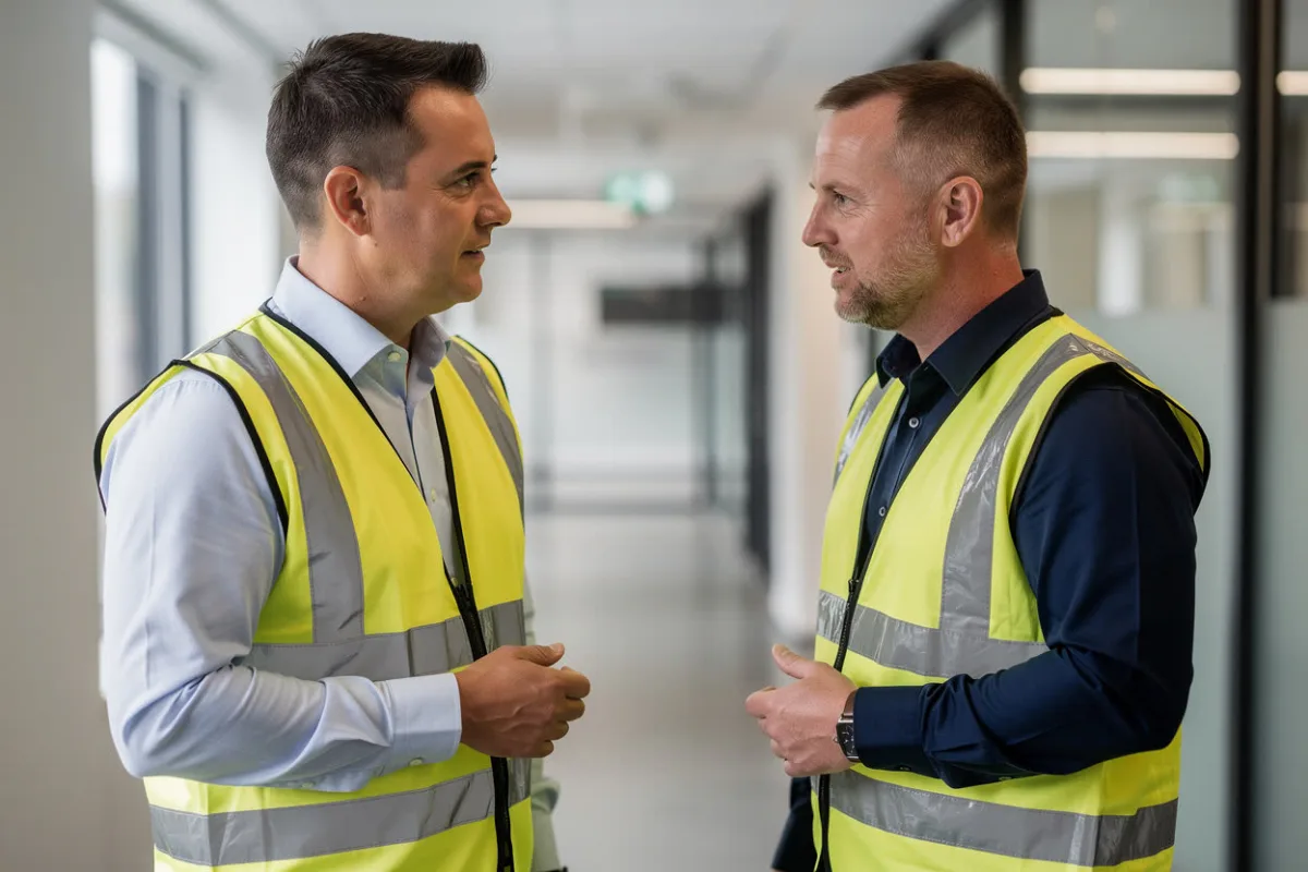 Two colleagues in hi-vis vests talk in a corridor