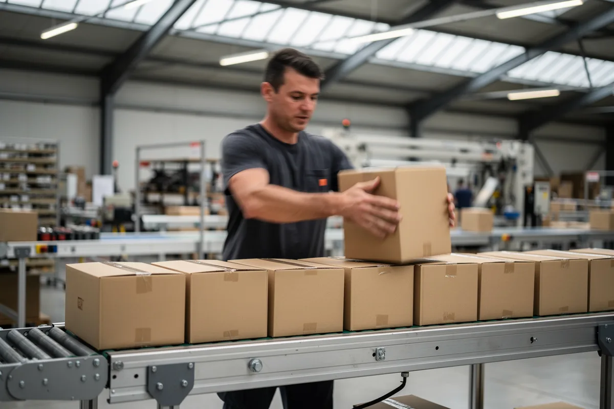 A worker lifts a box from a conveyor in a distribution centre