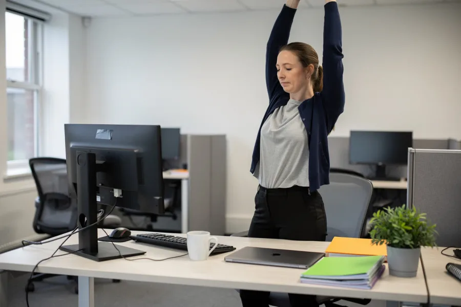 A worker stretches her arms at a desk in an office