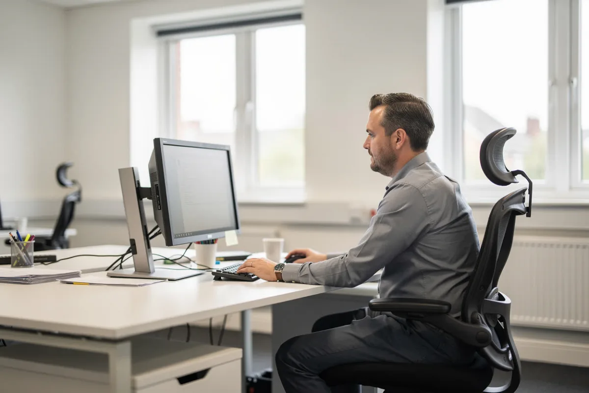 A man works at a desk with a computer monitor in an office