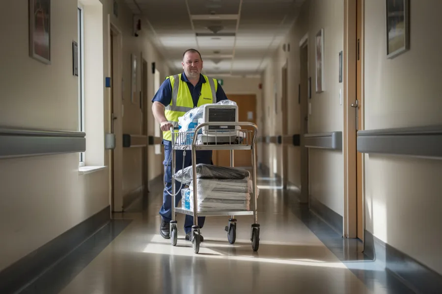 A worker pushes an equipment trolley along a hospital corridor