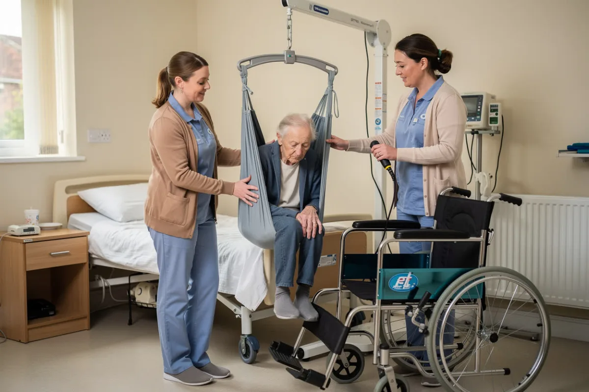 Two care workers help a patient into a hoist sling beside a bed