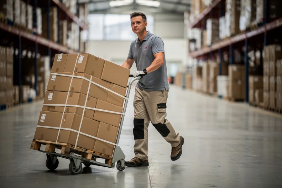 A worker moves stacked boxes with a hand truck