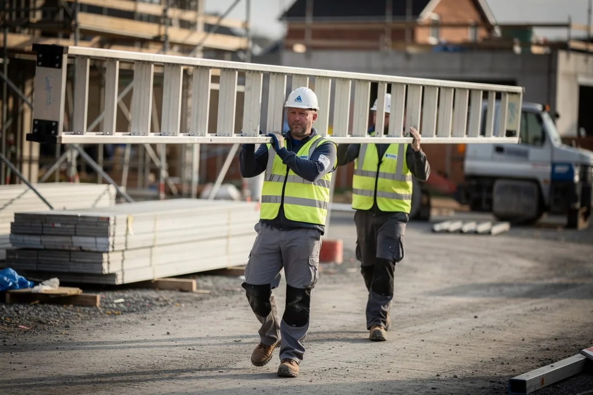 Two workers carry a long ladder across a site