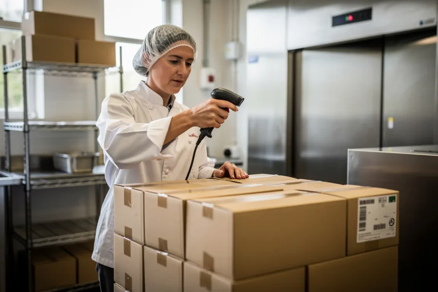 A chef scans cardboard boxes with a handheld scanner