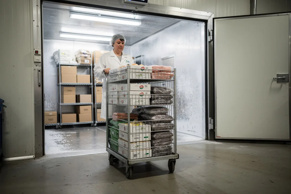 A worker pushes a cage trolley out of a cold room in a shop stockroom