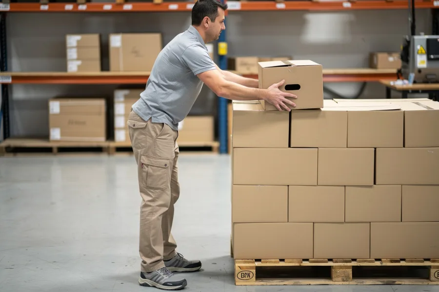 A worker stacks cardboard boxes on a pallet in a warehouse