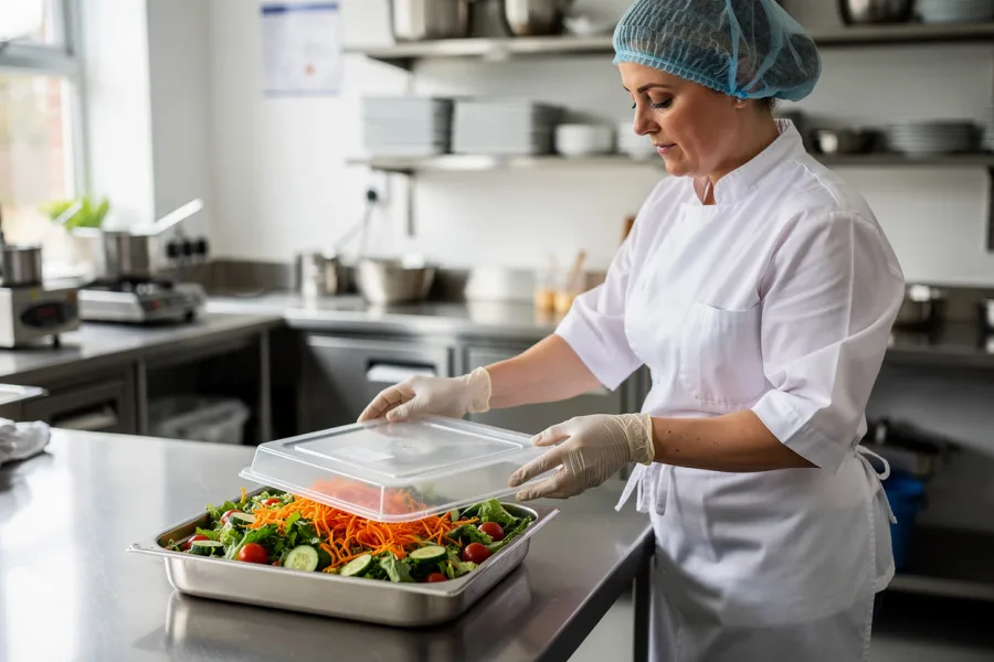 A chef covers a tray of prepared vegetables with film