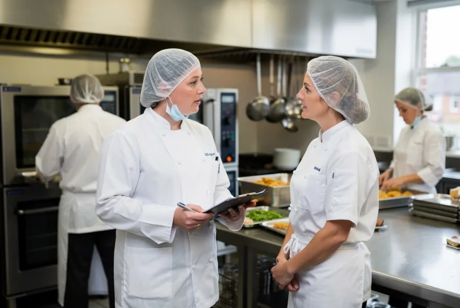 A chef and a colleague review notes with a dish nearby