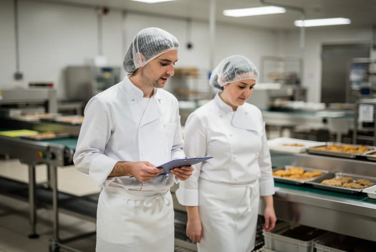 Two chefs study a tablet together in a bakery kitchen