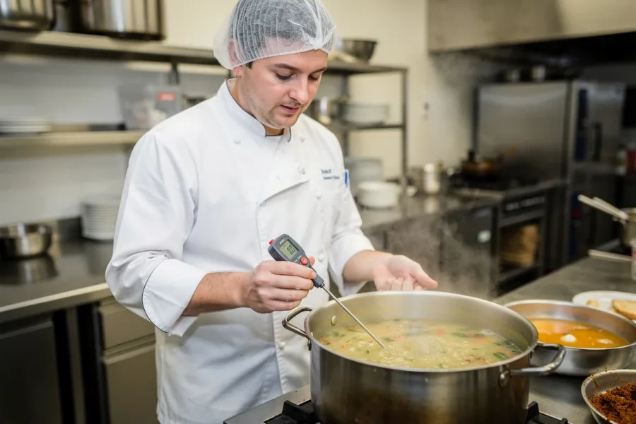 A chef checks a pot of soup with a probe thermometer