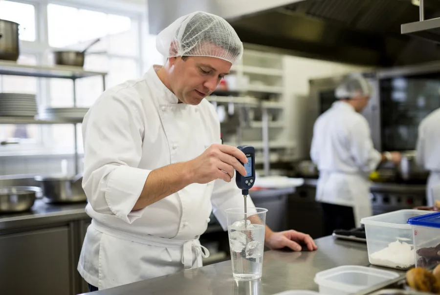 A chef calibrates a probe thermometer in a glass of water