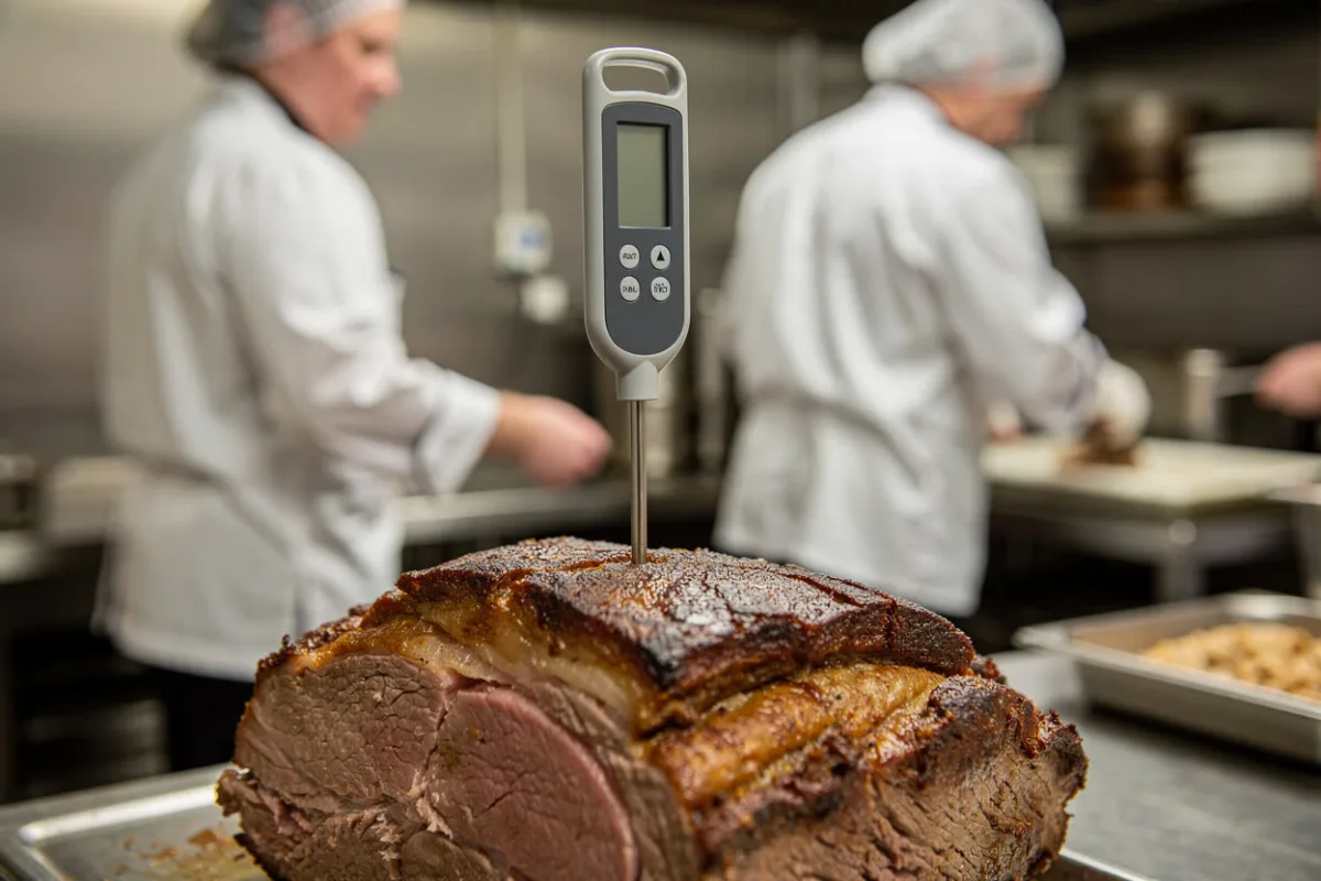 A thermometer probe is pushed into a roast joint