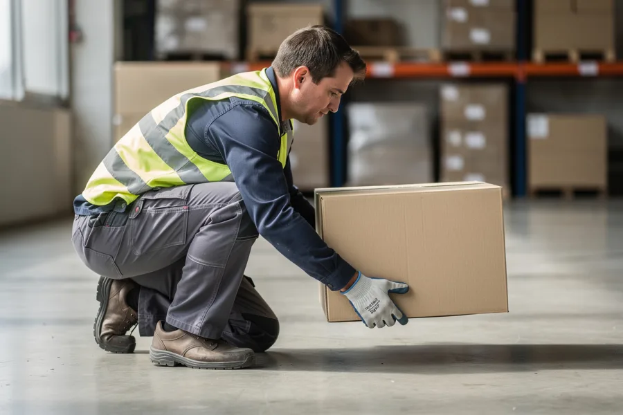 A worker in a hi-vis vest crouches to lift a cardboard box