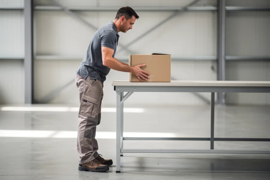 A worker lifts a cardboard box onto a table