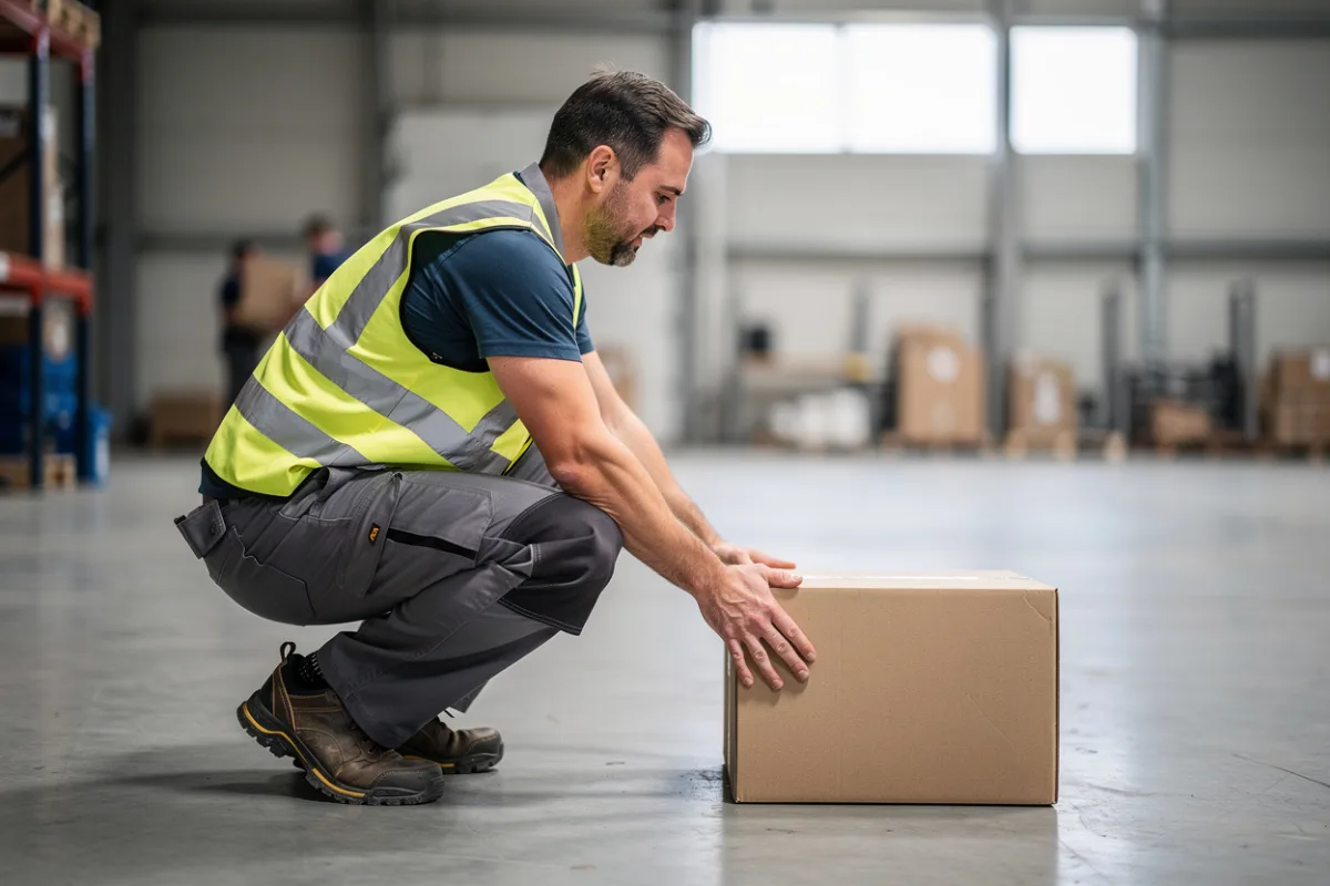 A worker in a hi-vis vest crouches beside a cardboard box on the floor