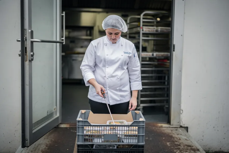 A chef stands at a back door beside a crate of food