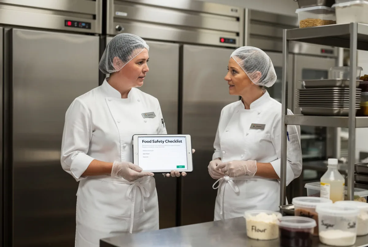 Two chefs look at a tablet together in a kitchen