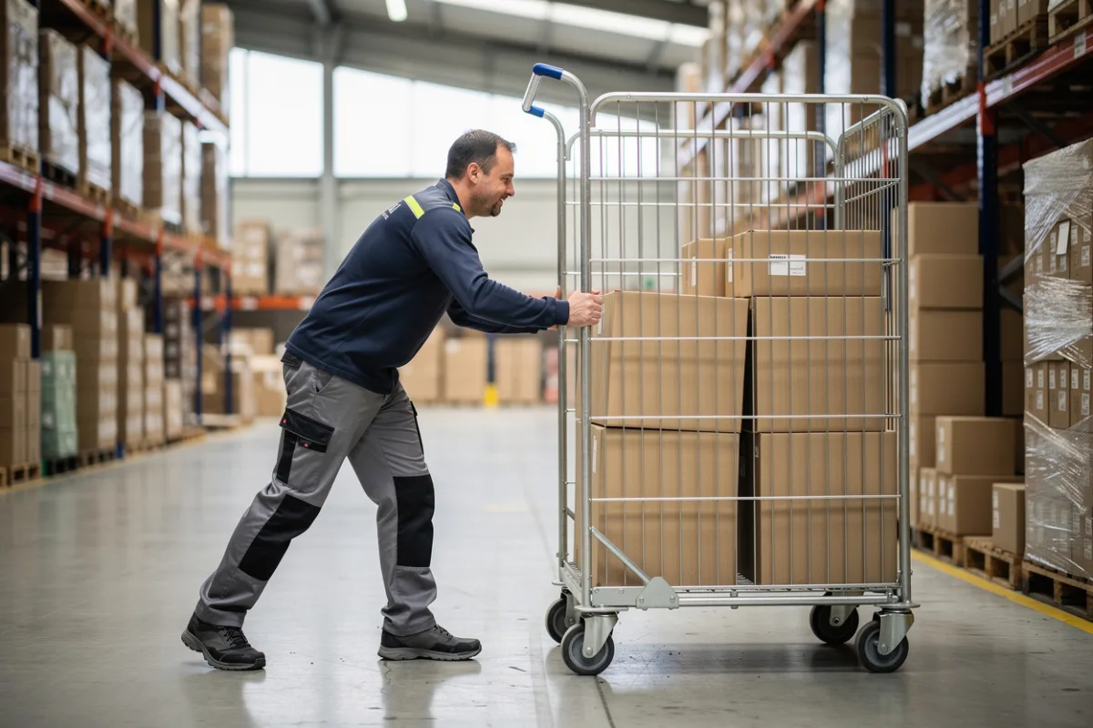 A worker pushes a loaded cage trolley along a warehouse aisle