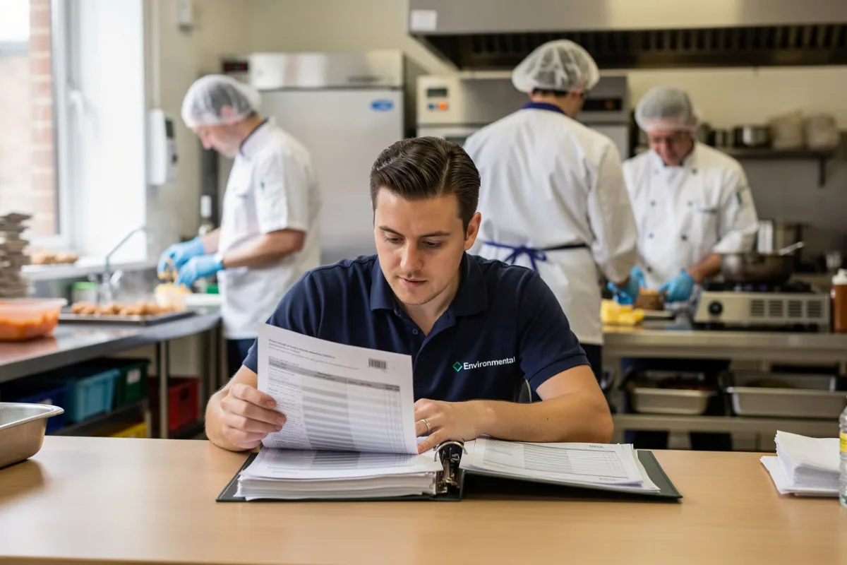 A manager reads a folder at a desk in a busy kitchen