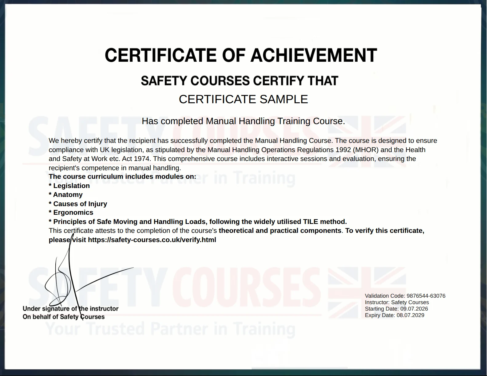 Sample Certificate of Achievement issued on completion, showing the recipient name, the course title, the course curriculum, a validation code, the instructor line and the starting and expiry dates.