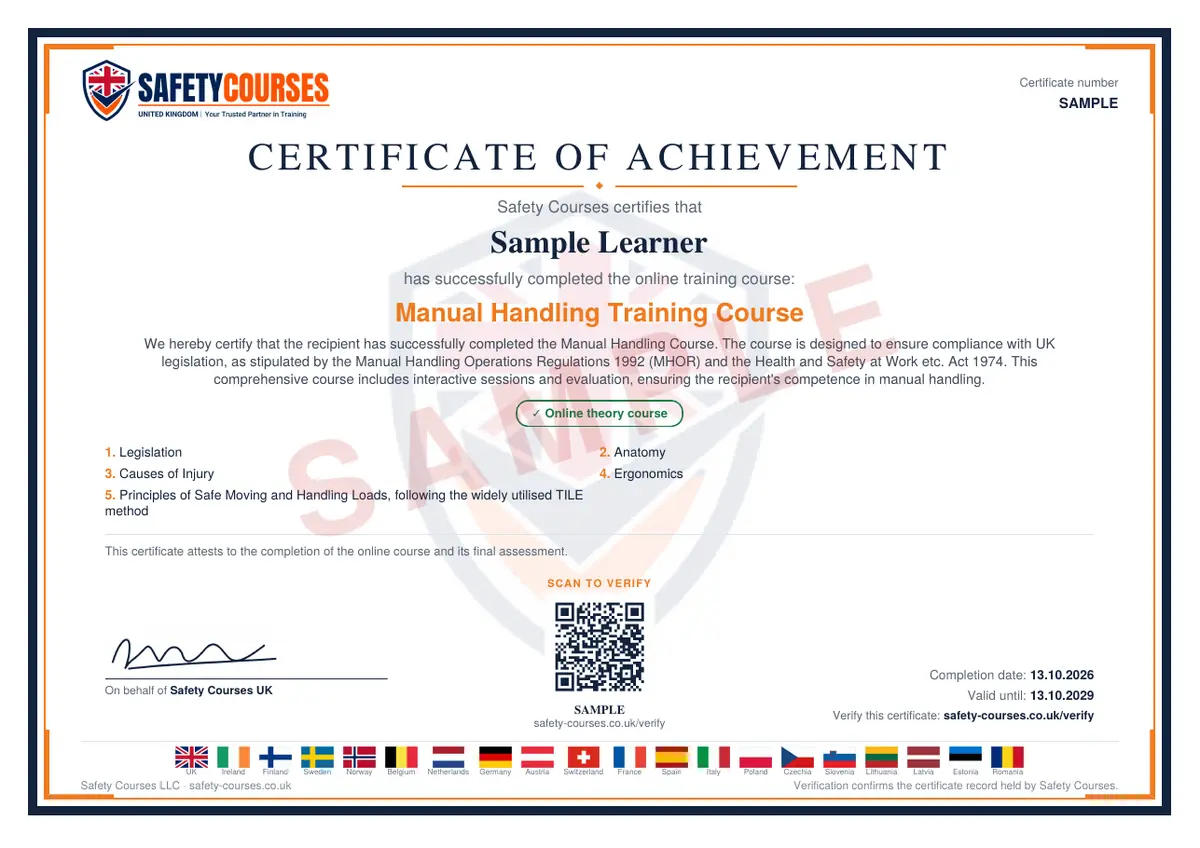 Sample Certificate of Achievement issued on completion, showing the recipient name, the course title, the course curriculum, a validation code, the instructor line and the starting and expiry dates.