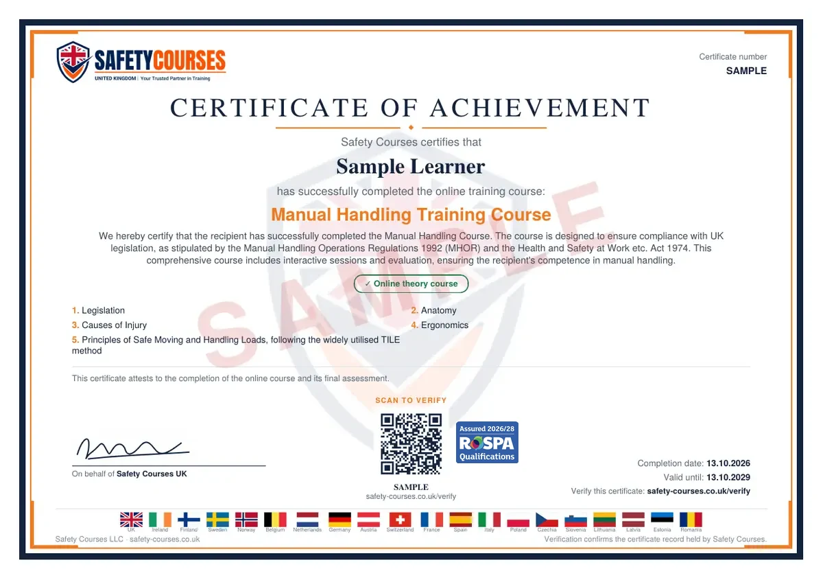Sample Certificate of Achievement issued on completion, showing the recipient name, the course title, the course curriculum, a validation code, the instructor line and the starting and expiry dates.